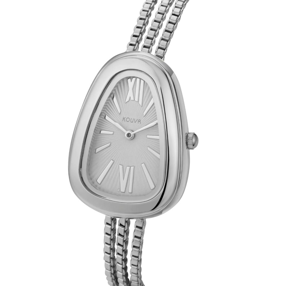 Silver kouvr watch with Roman numeral markers on a white background