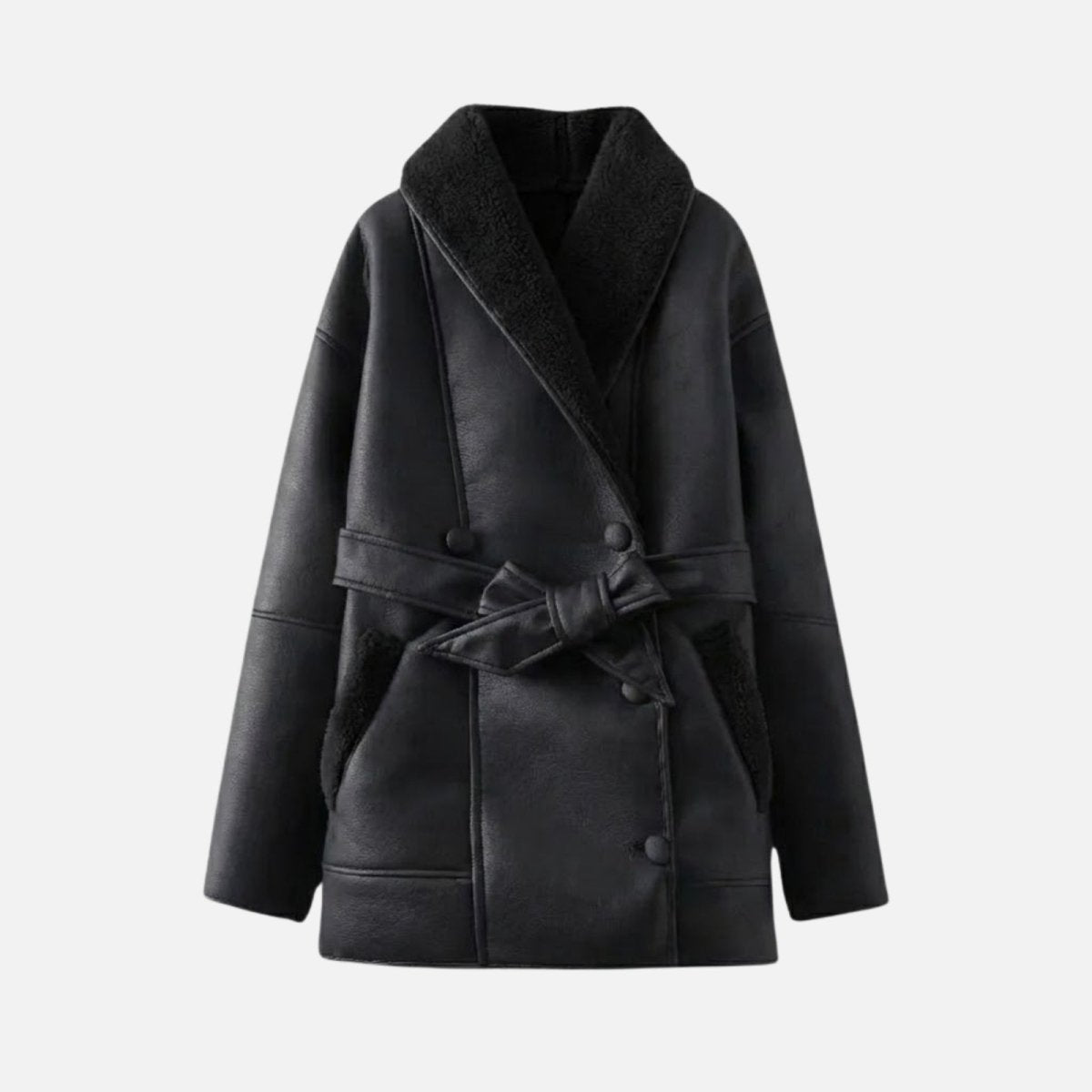 Product flatlay image of the front of the Suzanne black faux shearling aviator jacket, showing the open lapels, buttons, and tied belt.