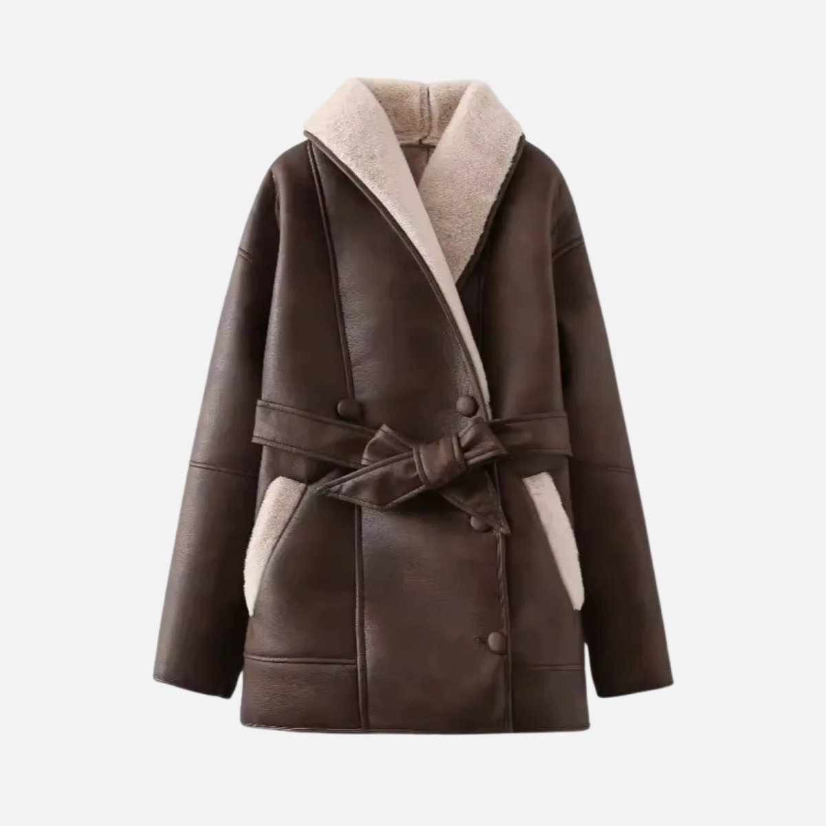 Flatlay product shot of the front of the Kouvr Suzanne brown faux shearling wrap jacket, showing the belt tied in a bow.