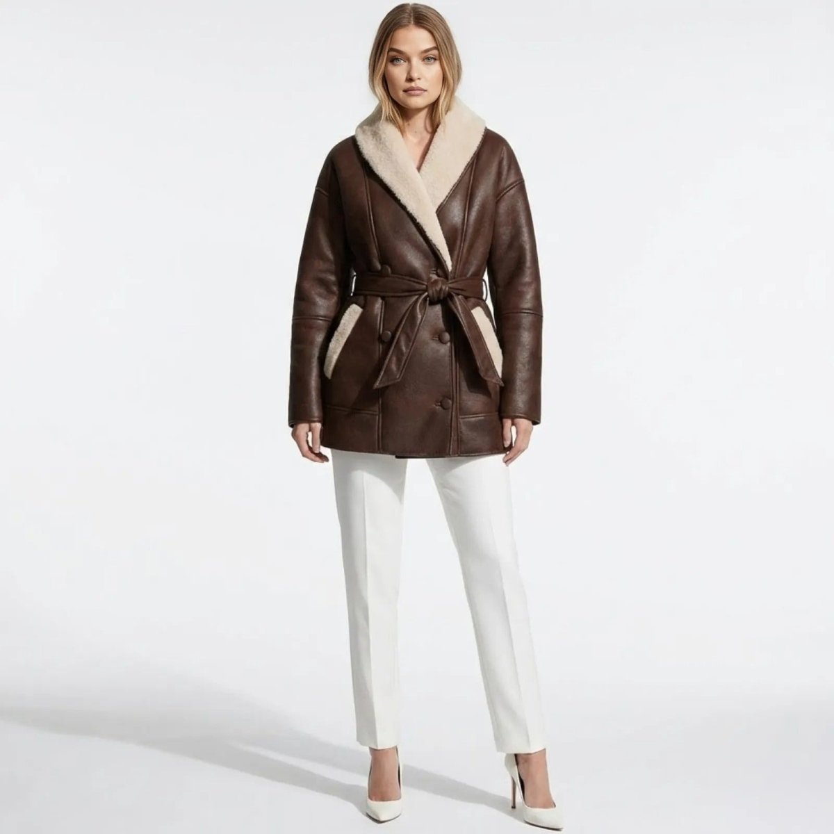 Model wearing the Kouvr Suzanne brown faux shearling aviator jacket from the front, styled with white trousers and heels.