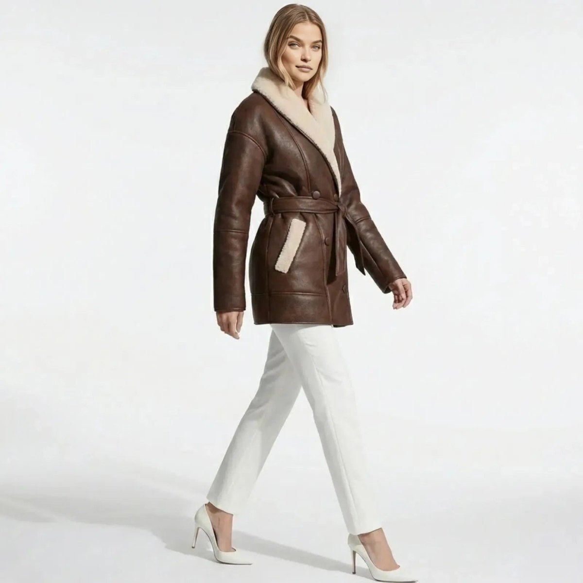 Model walking in the Kouvr Suzanne brown faux leather shearling coat, showing the side profile and movement of the jacket.