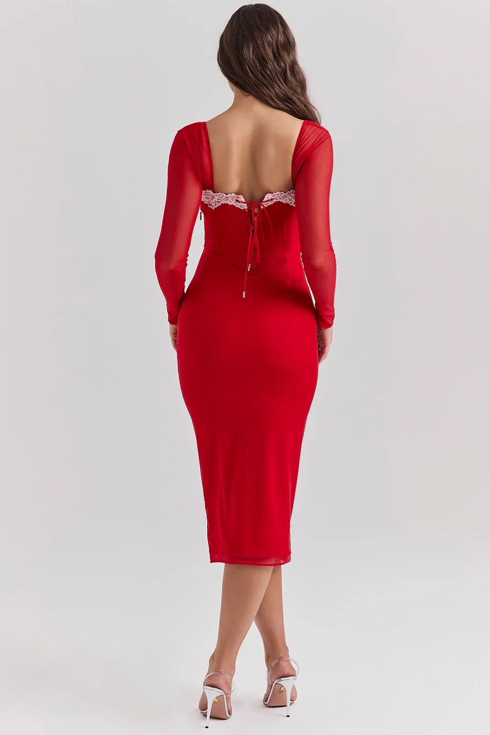date night outfit, Valentine's Day dress, red cocktail dress, formal party dress, figure-hugging dress, lace trim dress, romantic red gown