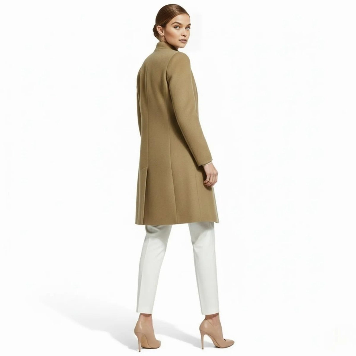 Back view of the Kouvr stand collar coat in khaki, highlighting the tailored fit and princess seam details.