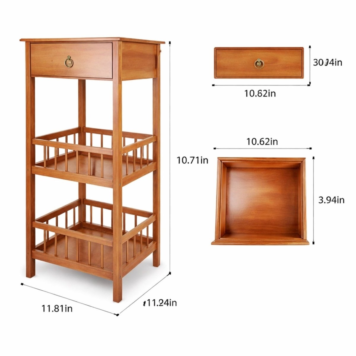 Detailed dimensions of the Kouvr tall end table, showing its height, width, depth, and the measurements of the drawer and shelves.