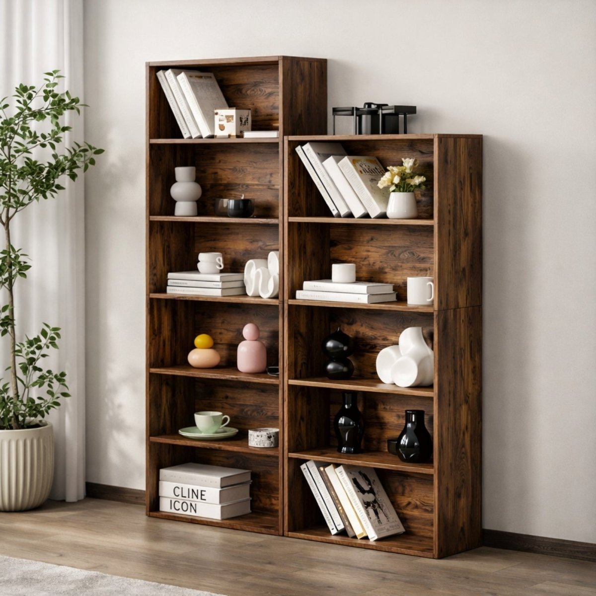 A pair of Kouvr 6-tier tall rustic oak bookcases elegantly styled with minimalist white and grey decor in a bright, modern living room setting.