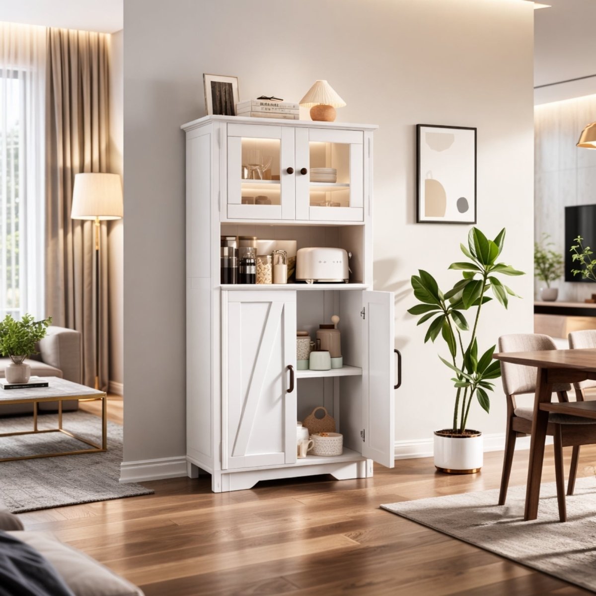 Kouvr 72-inch tall white cabinet with open doors showing adjustable shelves, styled in a living room with modern decor and grey area rug.