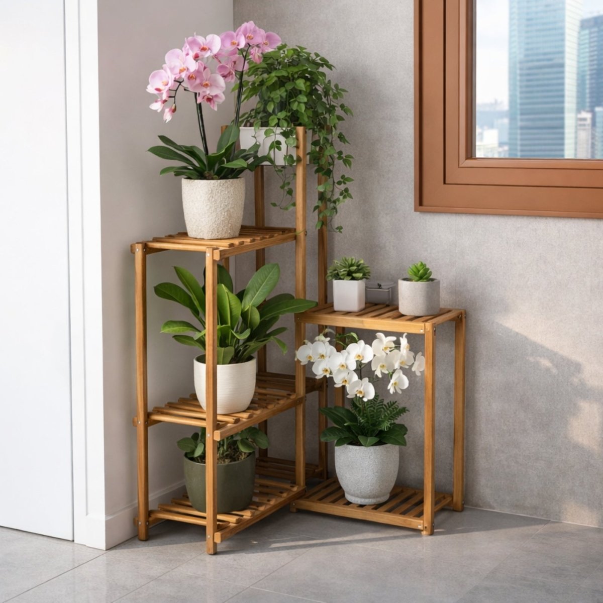 Tall vertical plant rack situated in a corner near a large window overlooking a city skyline, holding orchids and trailing vines.