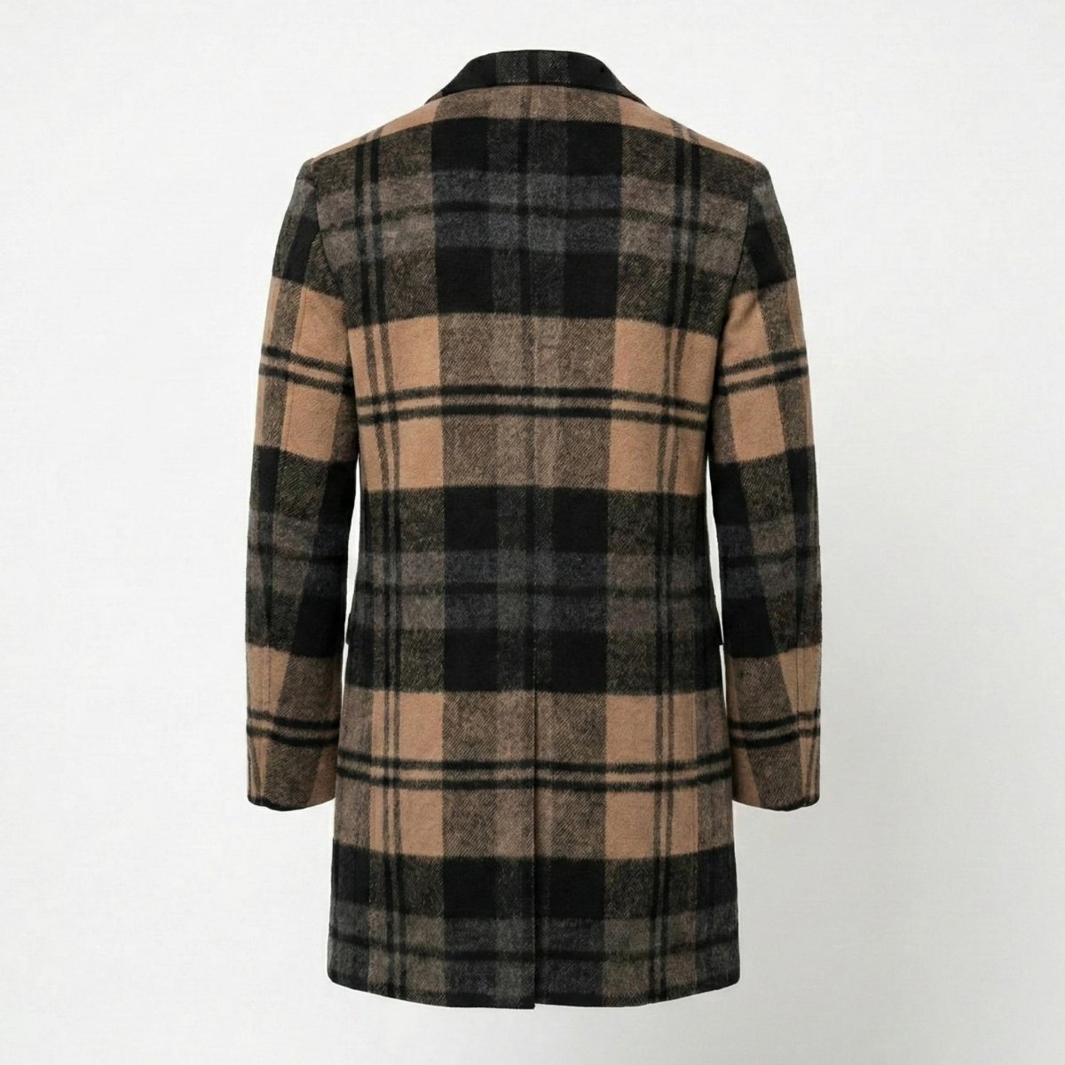 Back view of the Kouvr men's tan and black plaid wool-blend topcoat, showing the full length and classic check pattern.
