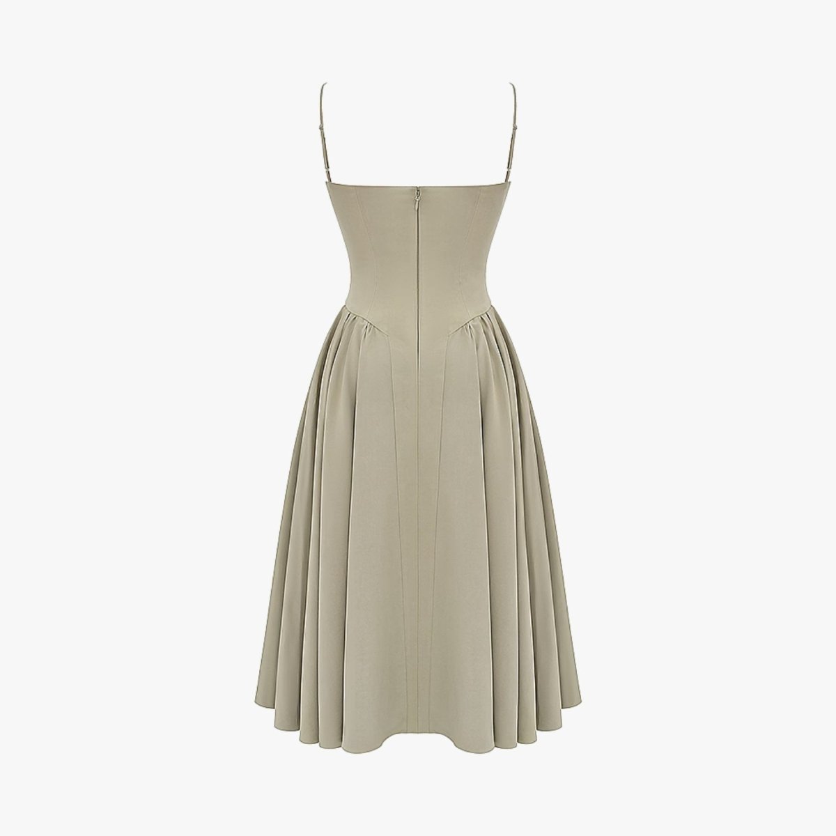 Flat lay of the back of the Kouvr corset bustier midi dress, detailing the clean lines and zipper detail.