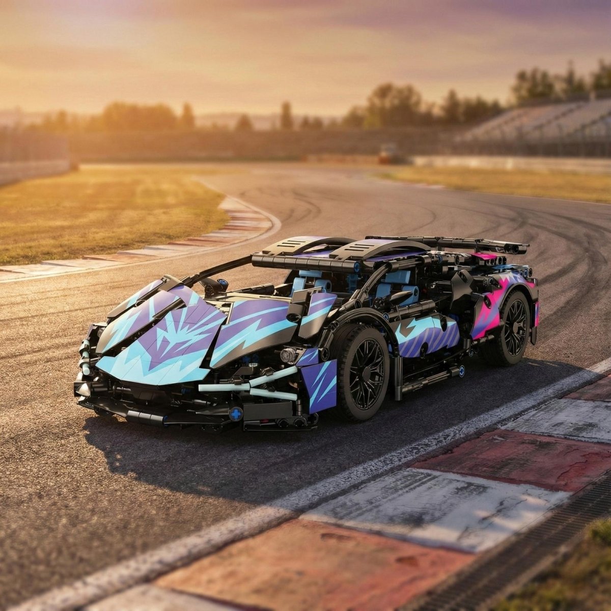 Angled shot of the Kouvr supercar building toy on a curved racetrack, emphasizing its detailed construction and racing form.