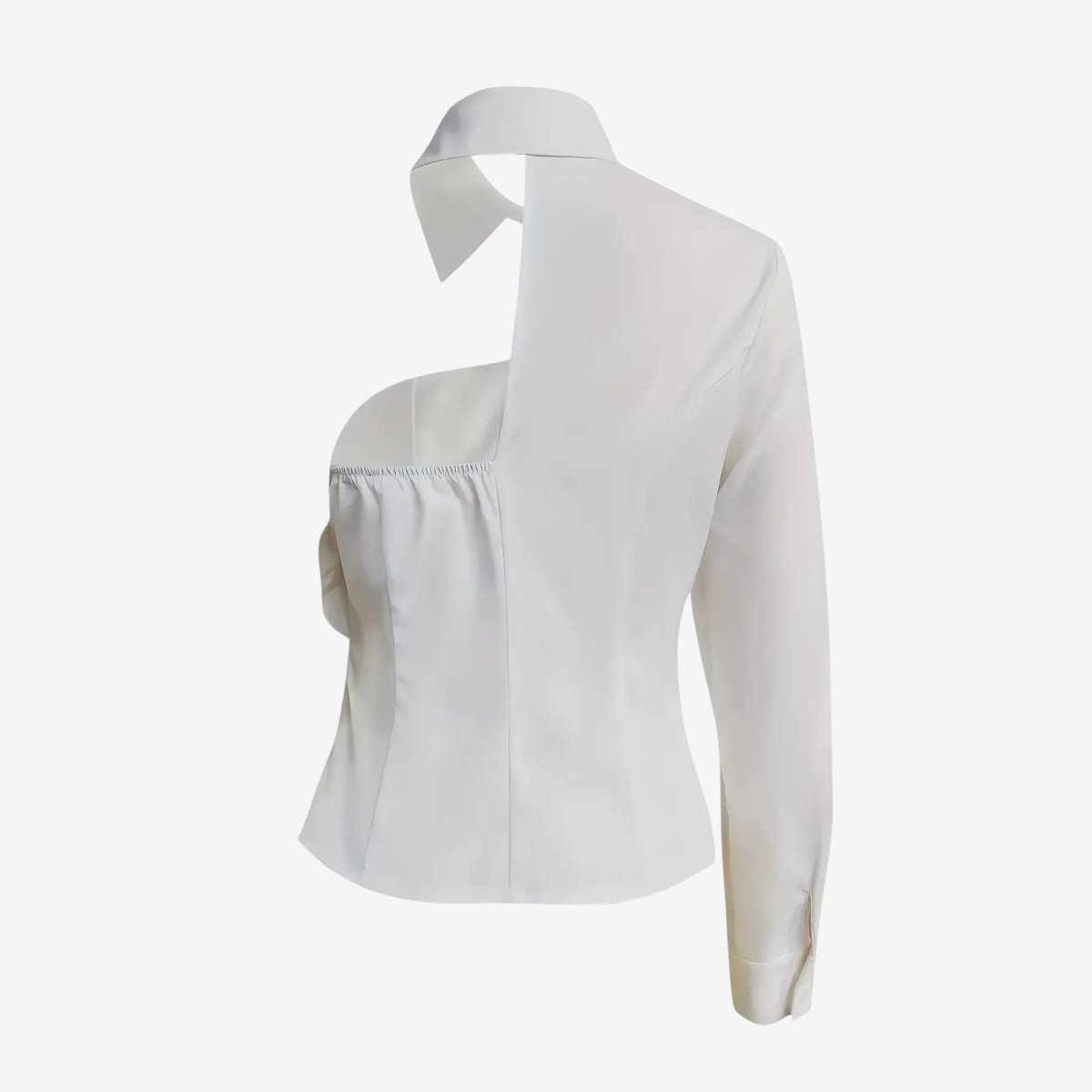 Product-only studio shot of the back of the Kouvr Teresa asymmetrical white blouse showing the open-back design.