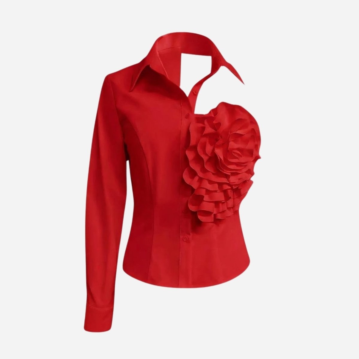 Front view product shot of the Kouvr red one-shoulder button-up shirt with a large rosette on the chest, against a white background.