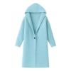 Long blue coat with a hood on a plain background