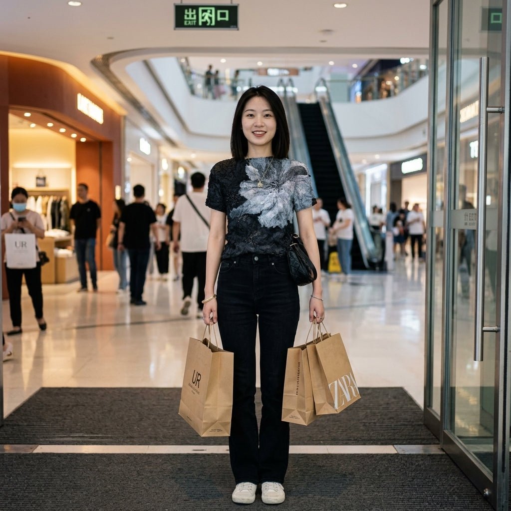 Woman wearing the affordable luxury Kouvr black floral top and carrying shopping bags inside a modern mall.