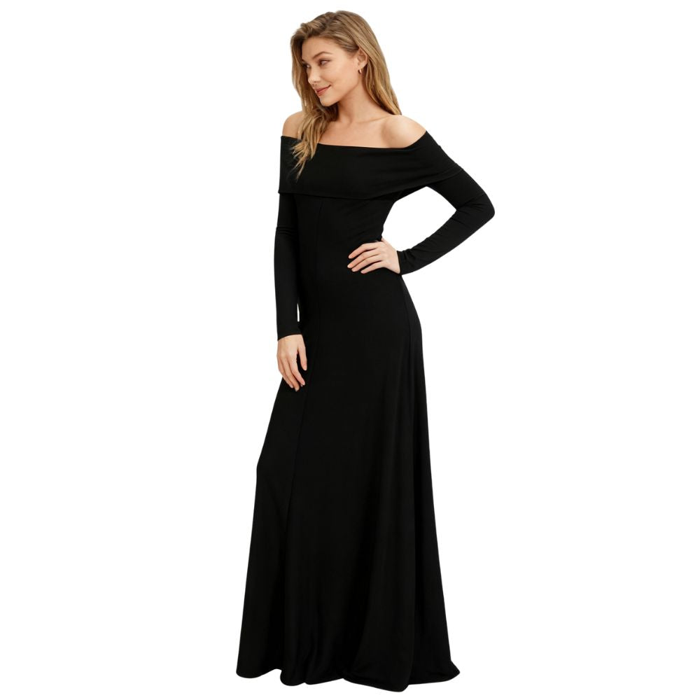 Woman wearing a black kouvr  off-shoulder long-sleeve gown on a white background