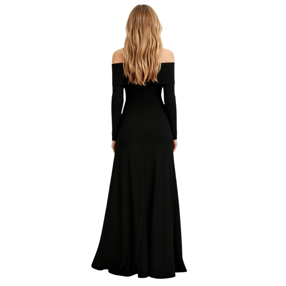 Black kouvr off-shoulder long-sleeve gown on a white background