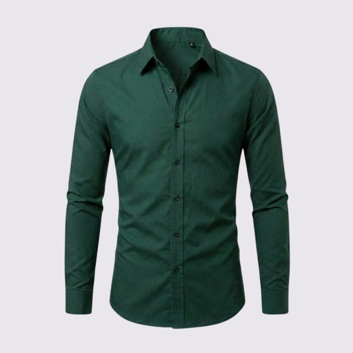 Front view of the Kouvr Leland men's dress shirt in dark green, laid flat to show the point collar, button placket, and fabric texture.