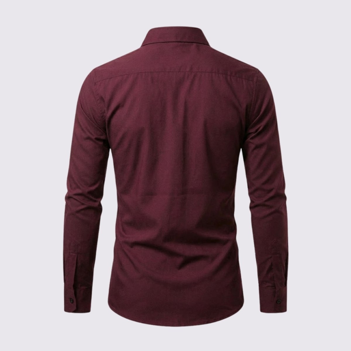 Back flatlay of the Kouvr Regent men's stretch cotton shirt in burgundy, detailing the back yoke and tailored seams.