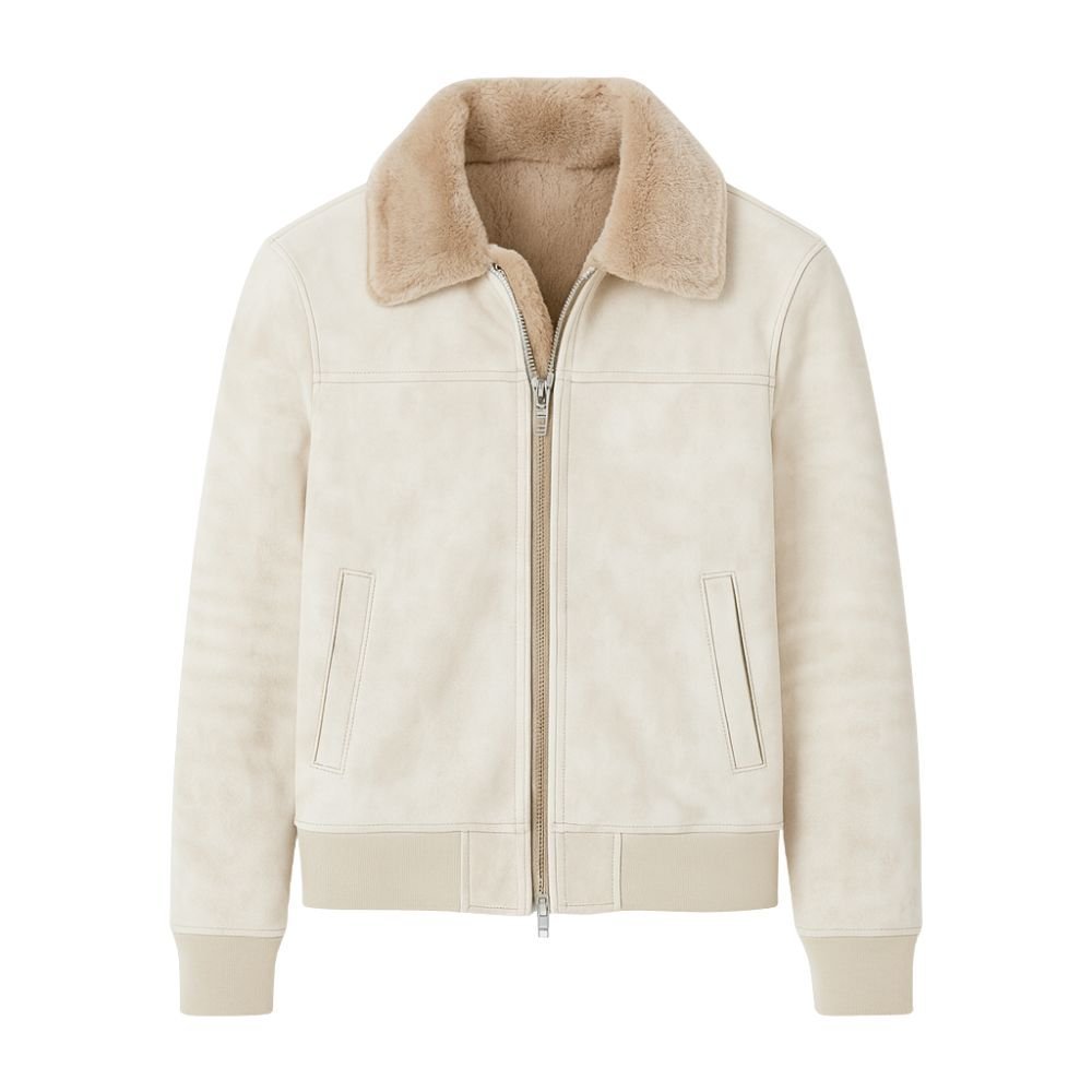 Beige kouvr jacket with fur collar on a white background