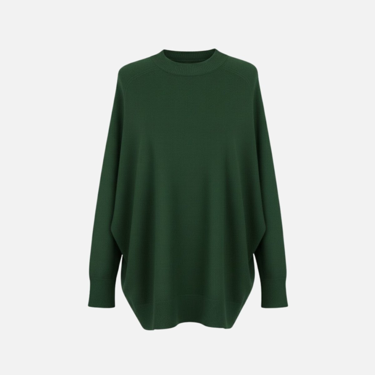 Flat lay of the forest green oversized cashmere blend sweater with crewneck and dolman sleeves.