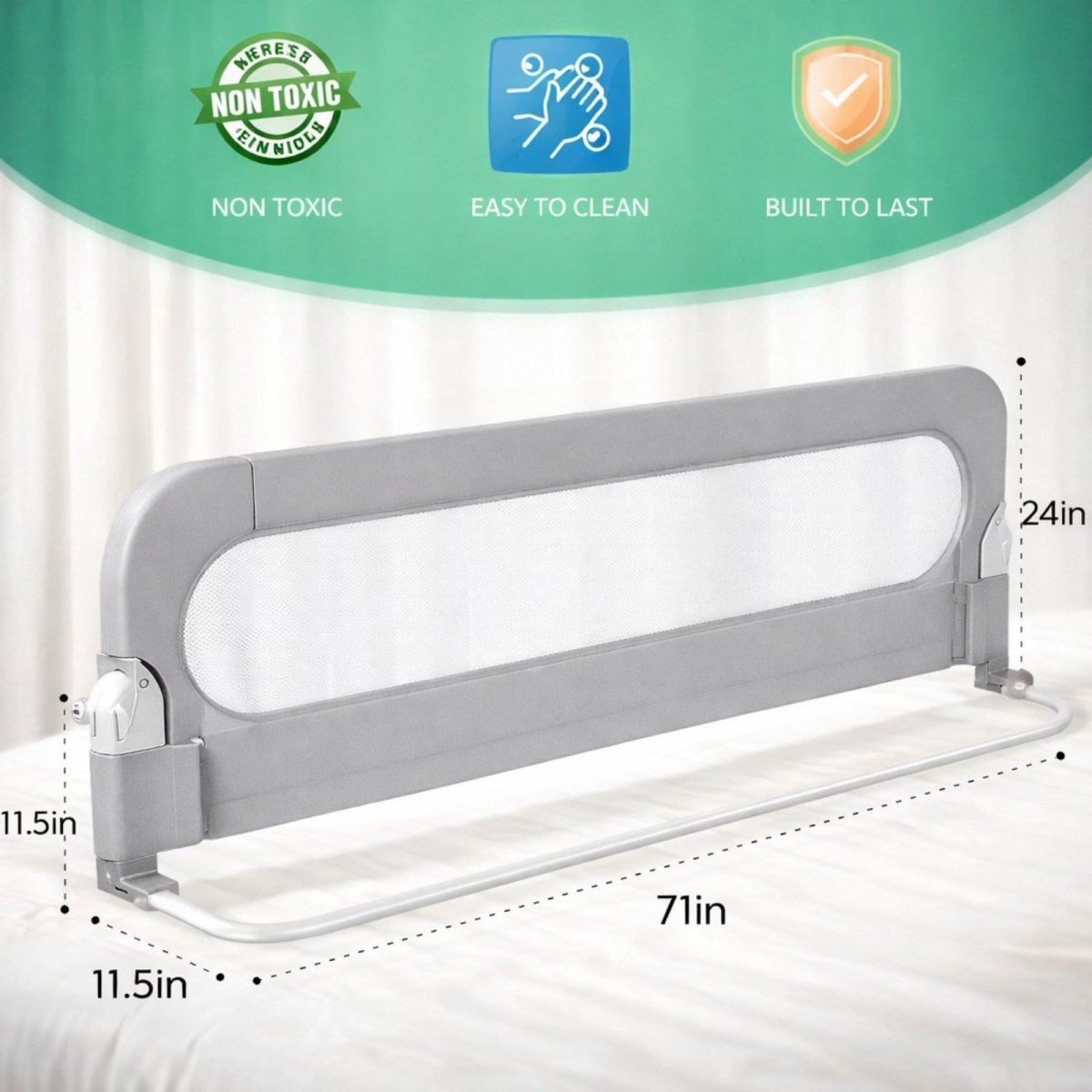 The Kouvr toddler bed rail with detailed dimensions showing 71-inch length and 24-inch height, with icons for non-toxic, easy to clean, and built to last.