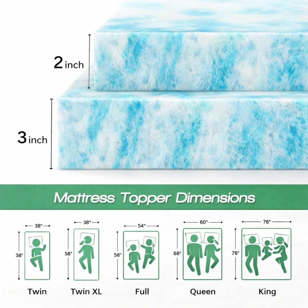 Side profile comparison of 2-inch and 3-inch thick Kouvr cooling gel memory foam mattress toppers showing blue swirl pattern.
