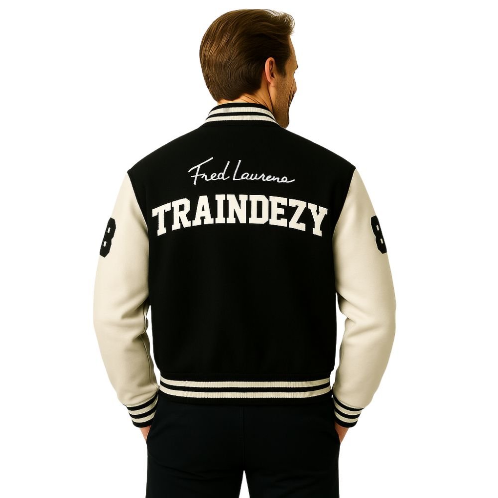 Model wearing the Kouvr Fashion Trainbury men's black and off-white wool letterman jacket