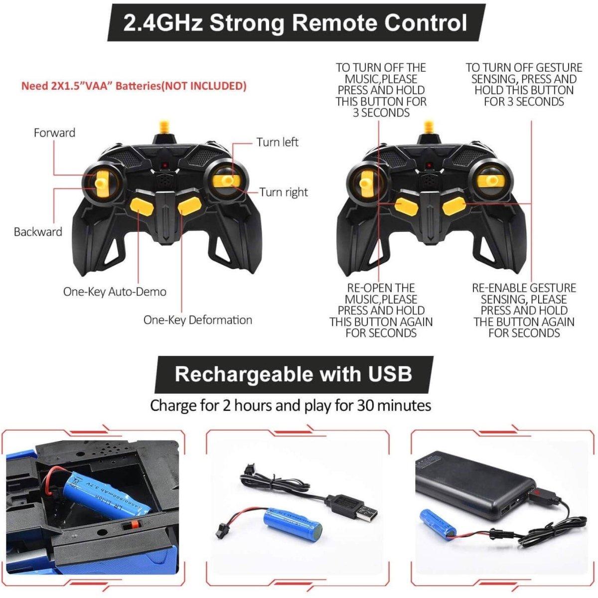 Remote control device with charging cable and battery pack, featuring text on features and usage.
