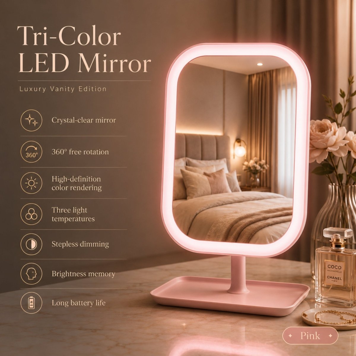 Infographic listing product details for the pink Kouvr lighted vanity mirror, showcasing features like crystal-clear reflection, 360 rotation, and long battery life.