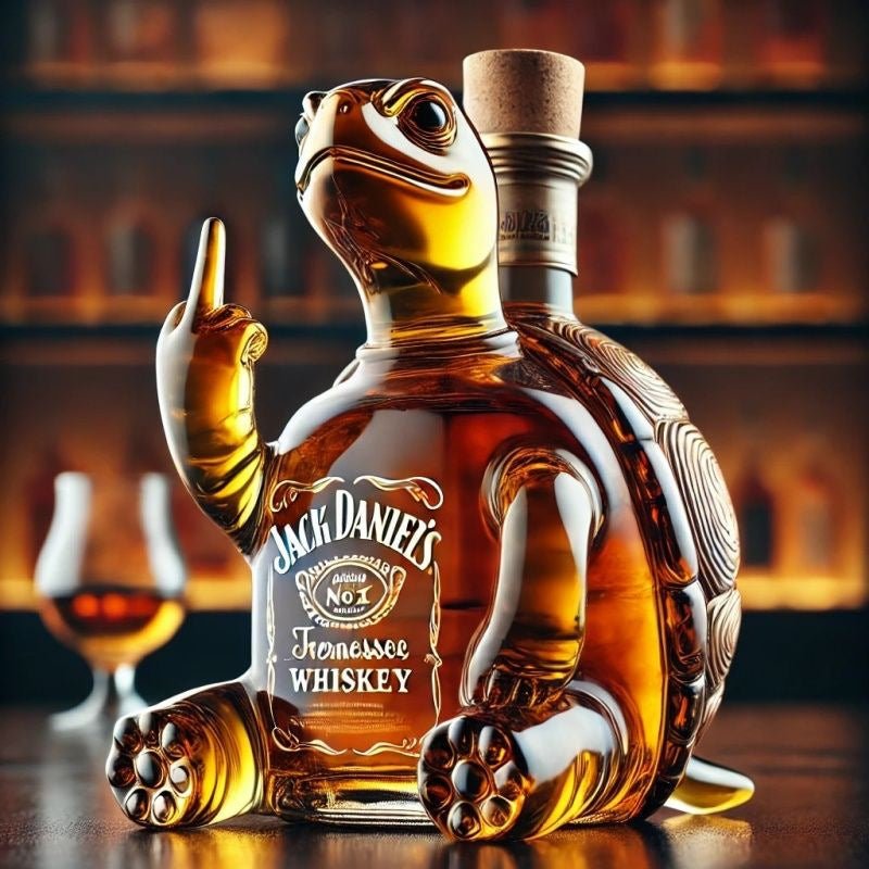 A close-up shot of the Kouvr turtle decanter, focusing on the quality of the glass and the Tennessee Whiskey style label.