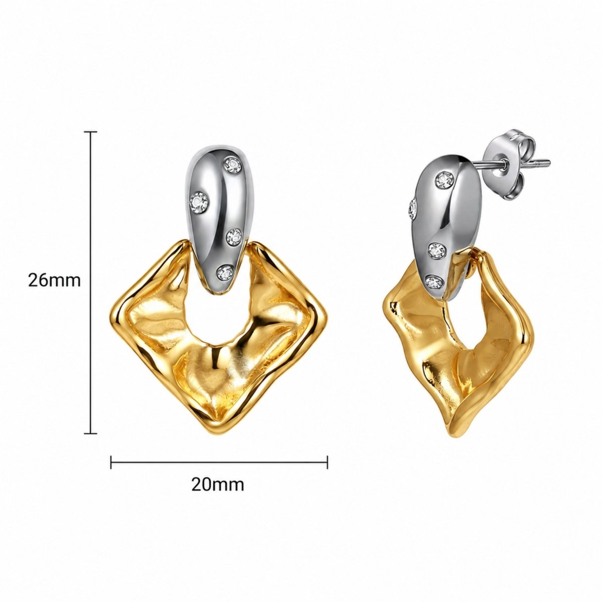 Size guide for Kouvr two-tone drop earrings showing a total height of 26 millimeters and a bottom width of 20 millimeters.