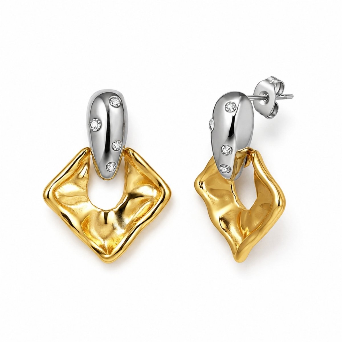 Front view of Kouvr abstract two-tone drop earrings featuring a silver crystal-studded top and a molten gold geometric bottom on a white background.