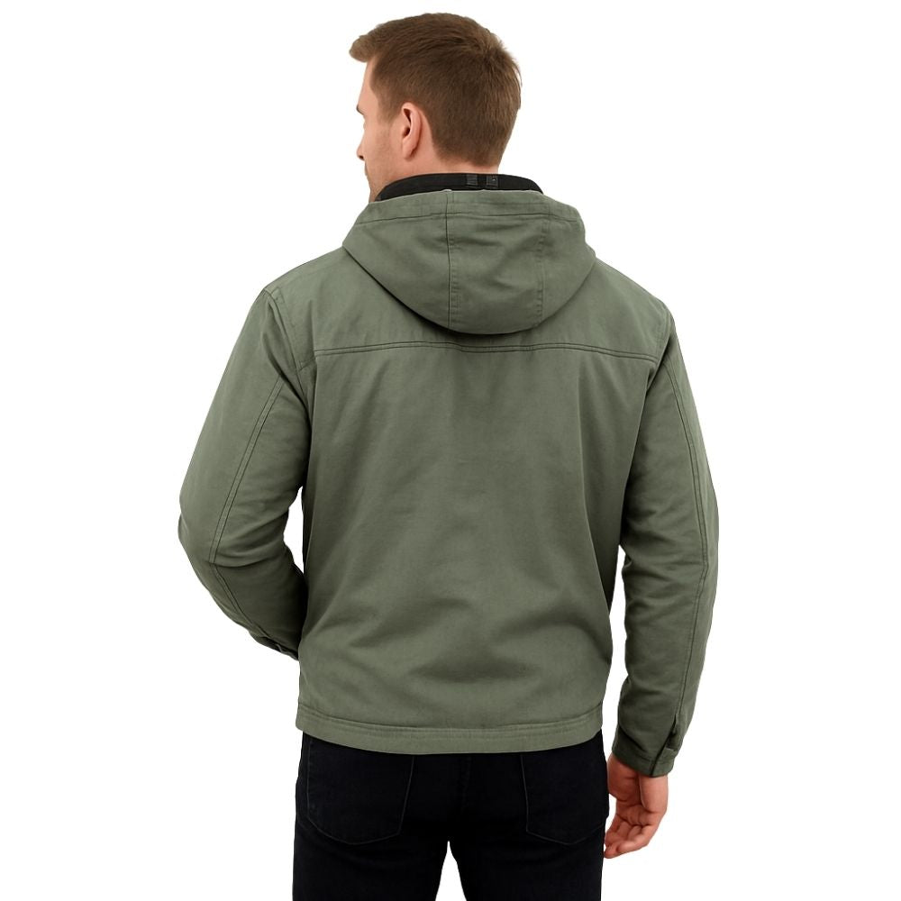 heavyweight cotton canvas', 'warm outdoor coat', 'rugged outerwear', 'men's workwear jacket', 'casual fall jacket', and 'layered look hoodie