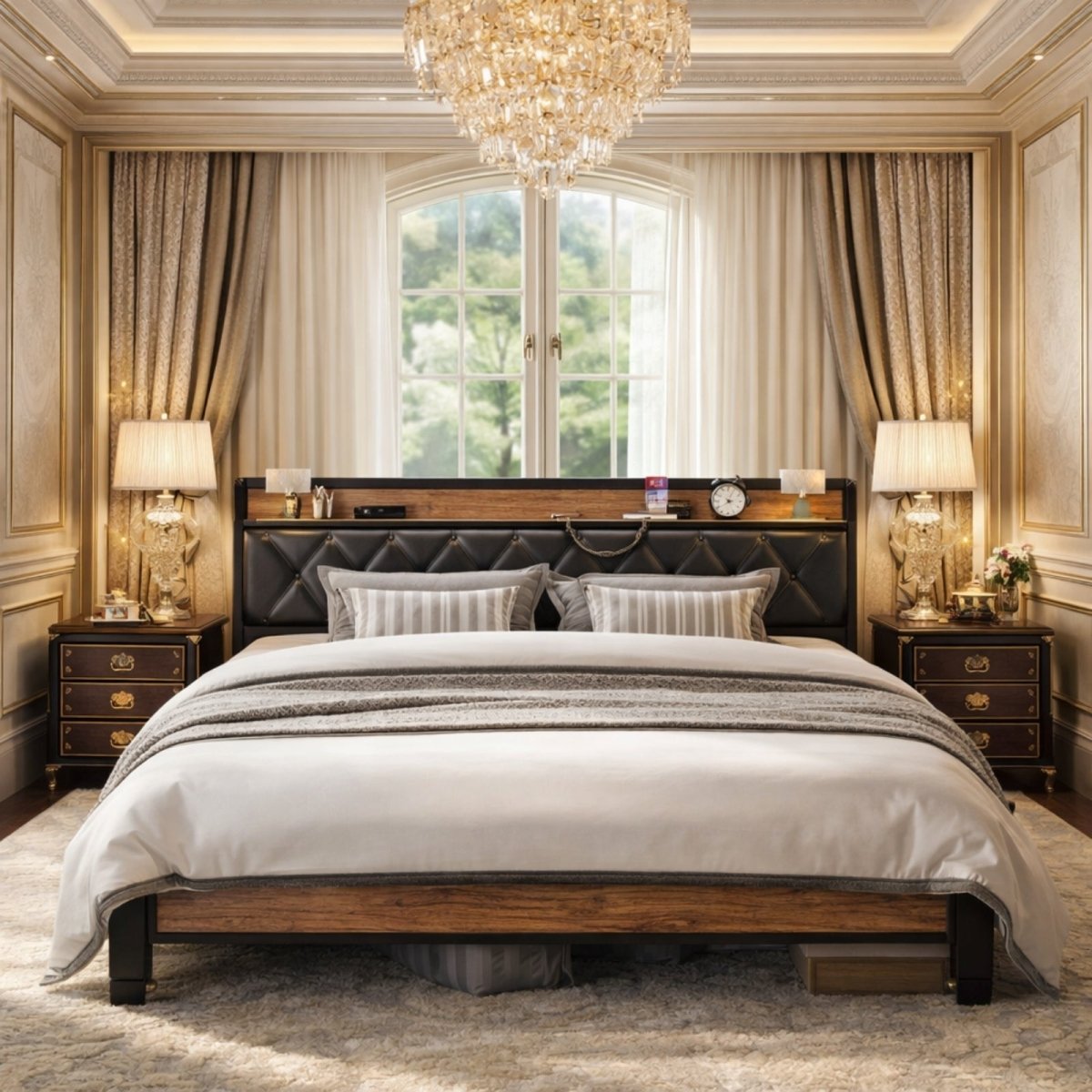A fully styled Kouvr platform bed with white and grey bedding in a luxurious bedroom featuring a chandelier, demonstrating its elegant design.
