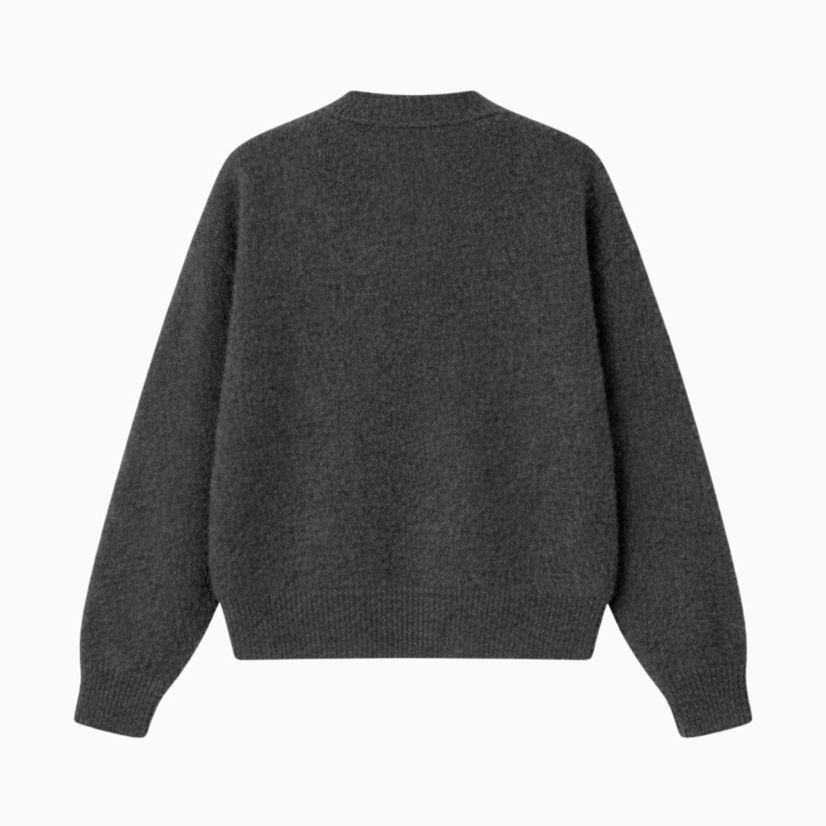 Flat lay product photo of the back of the Kouvr Fashion dark gray cardigan showcasing its seamless construction.