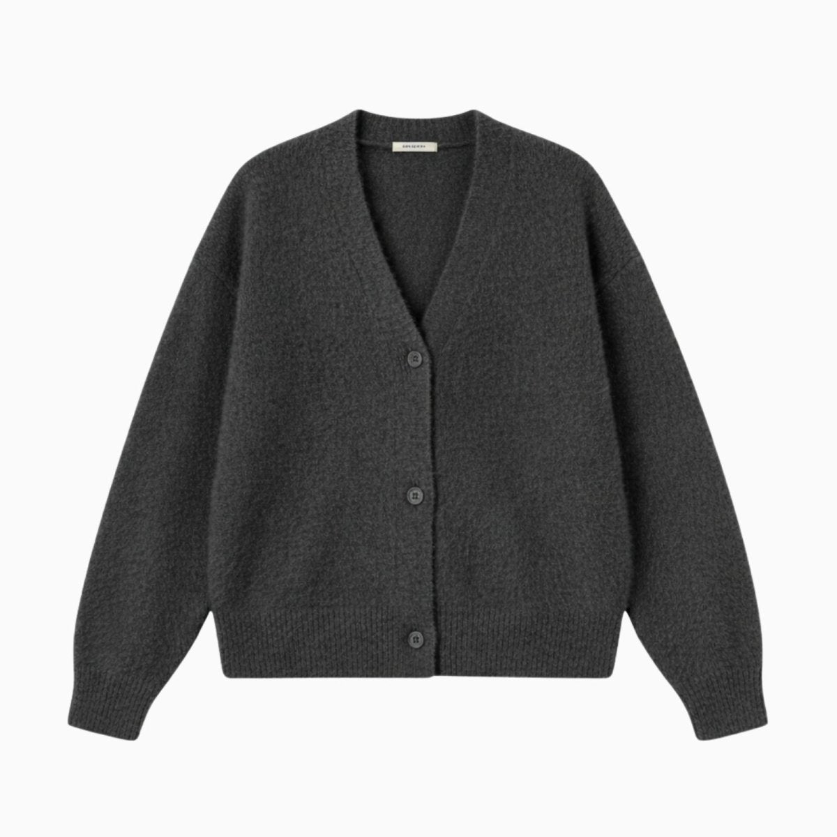 Flat lay product photo of the front of the Kouvr Fashion dark gray V-neck cardigan showing the button details.