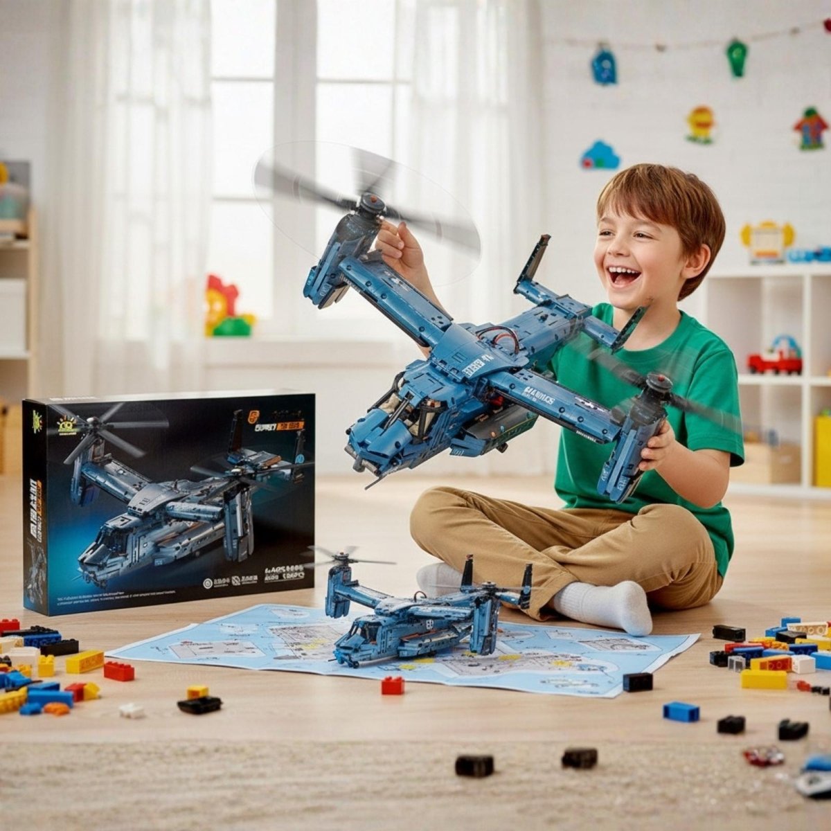 Happy young boy playing with a large, detailed V-22 Osprey helicopter building block model on the floor of his playroom, with the box visible.