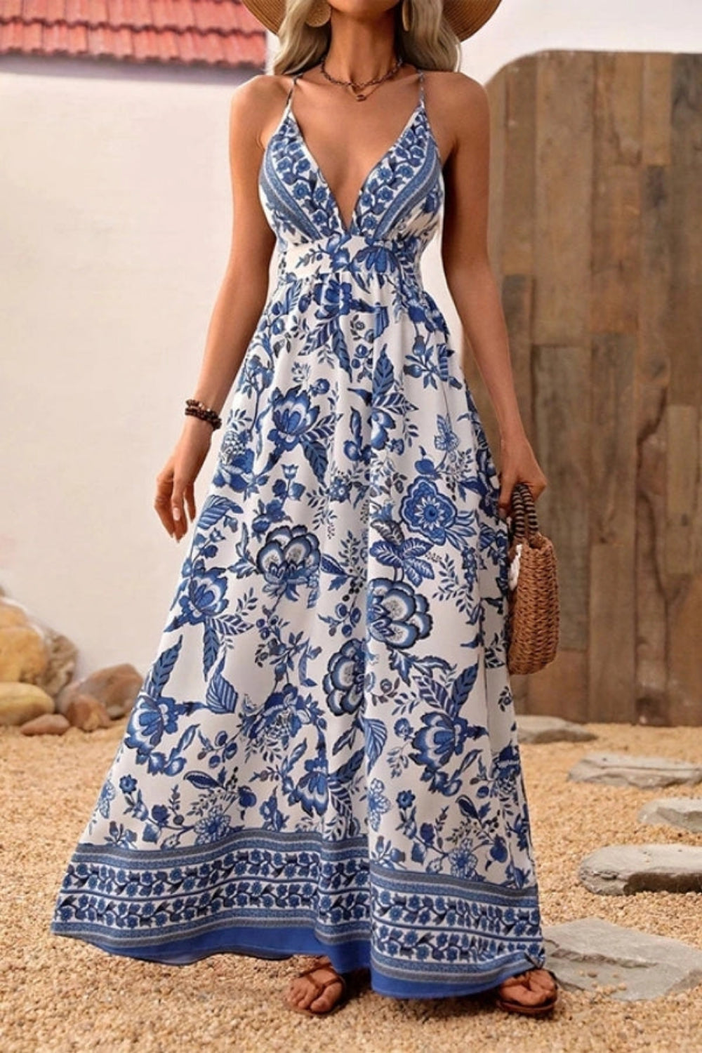 Blue Porcelain Print Maxi Dress | Women's Backless Halter V-Neck | Flowy Bohemian Summer Resort Gown | Tie-Back A-Line Blue Porcelain Print Maxi Dress | Women's Backless Halter V-Neck | Flowy Bohemian Summer Resort Gown | Tie-Back A-Line