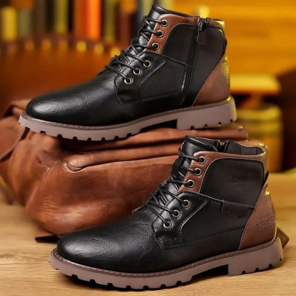 Pair of black and brown leather boots on a wooden surface with a blurred background.