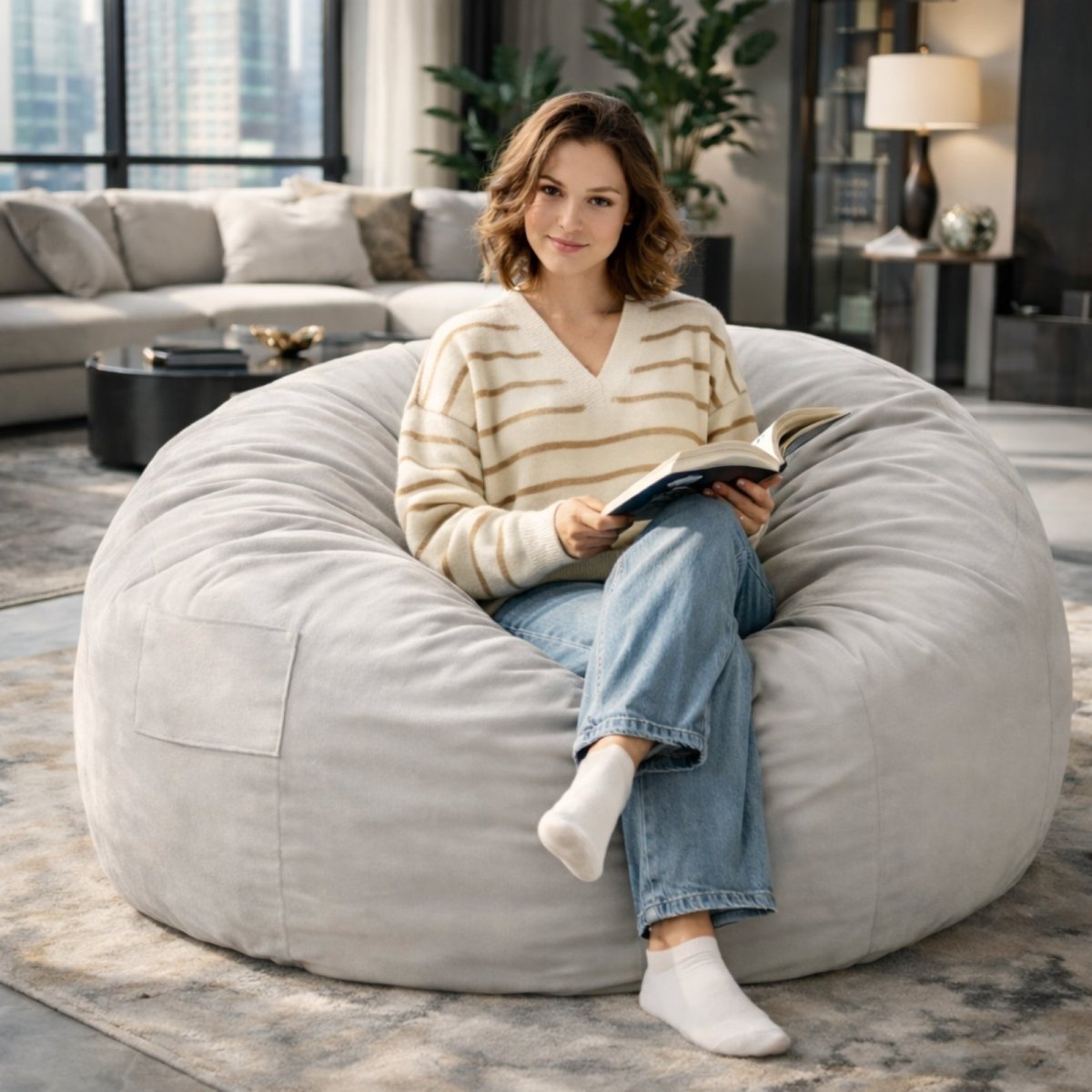 A woman reading a book while sitting comfortably in a large dark grey velvet bean bag chair in a luxury high-rise apartment.
