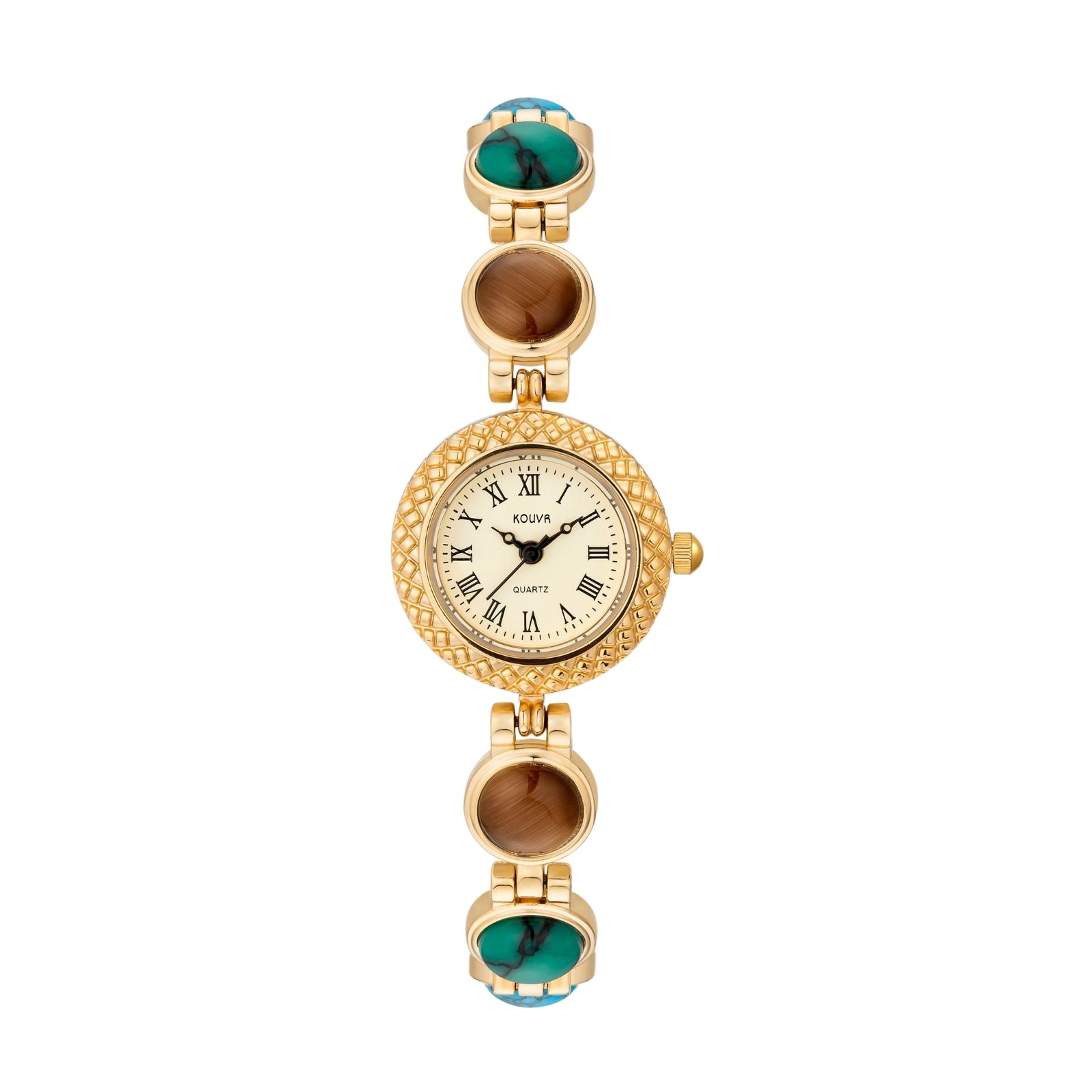 Gold kouvr watch with gemstone accents on a white background