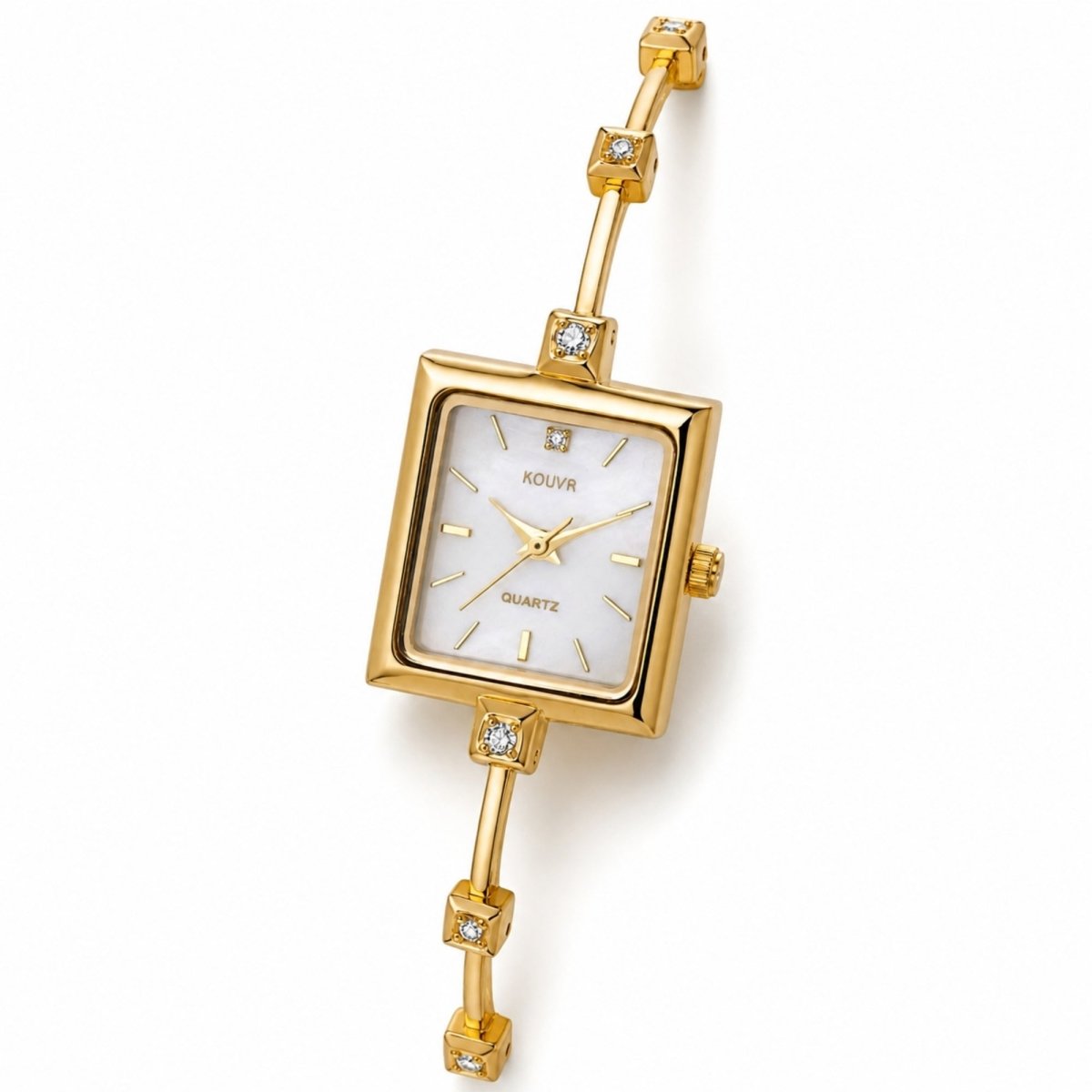 Angled product shot of Kouvr women's vintage style gold quartz watch highlighting the thin crystal-accented bracelet