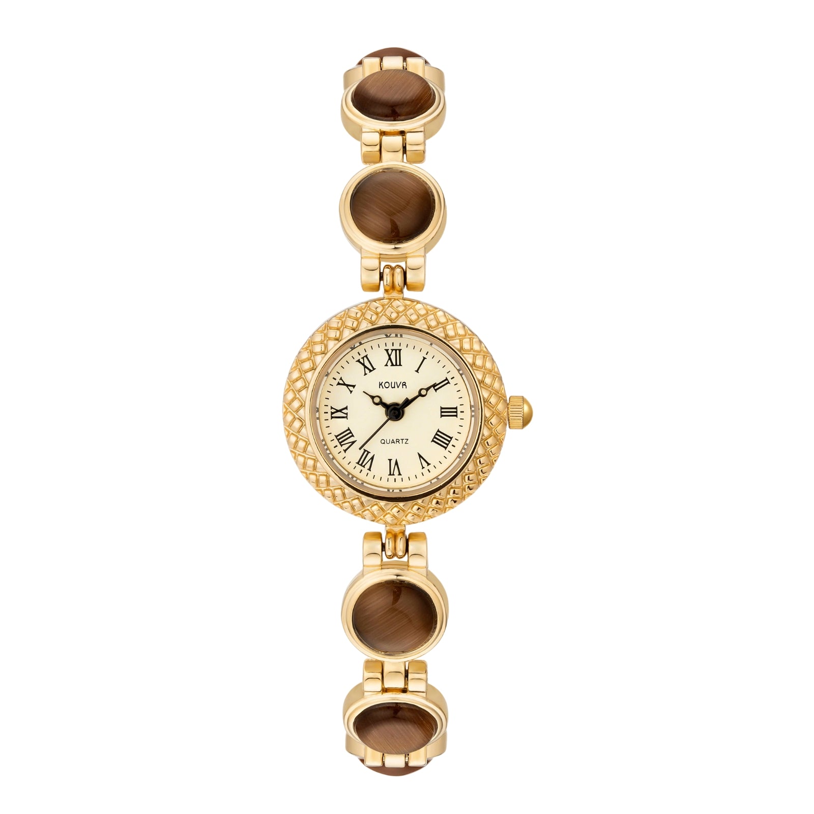 Gold kouvr watch with brown accents on a white background