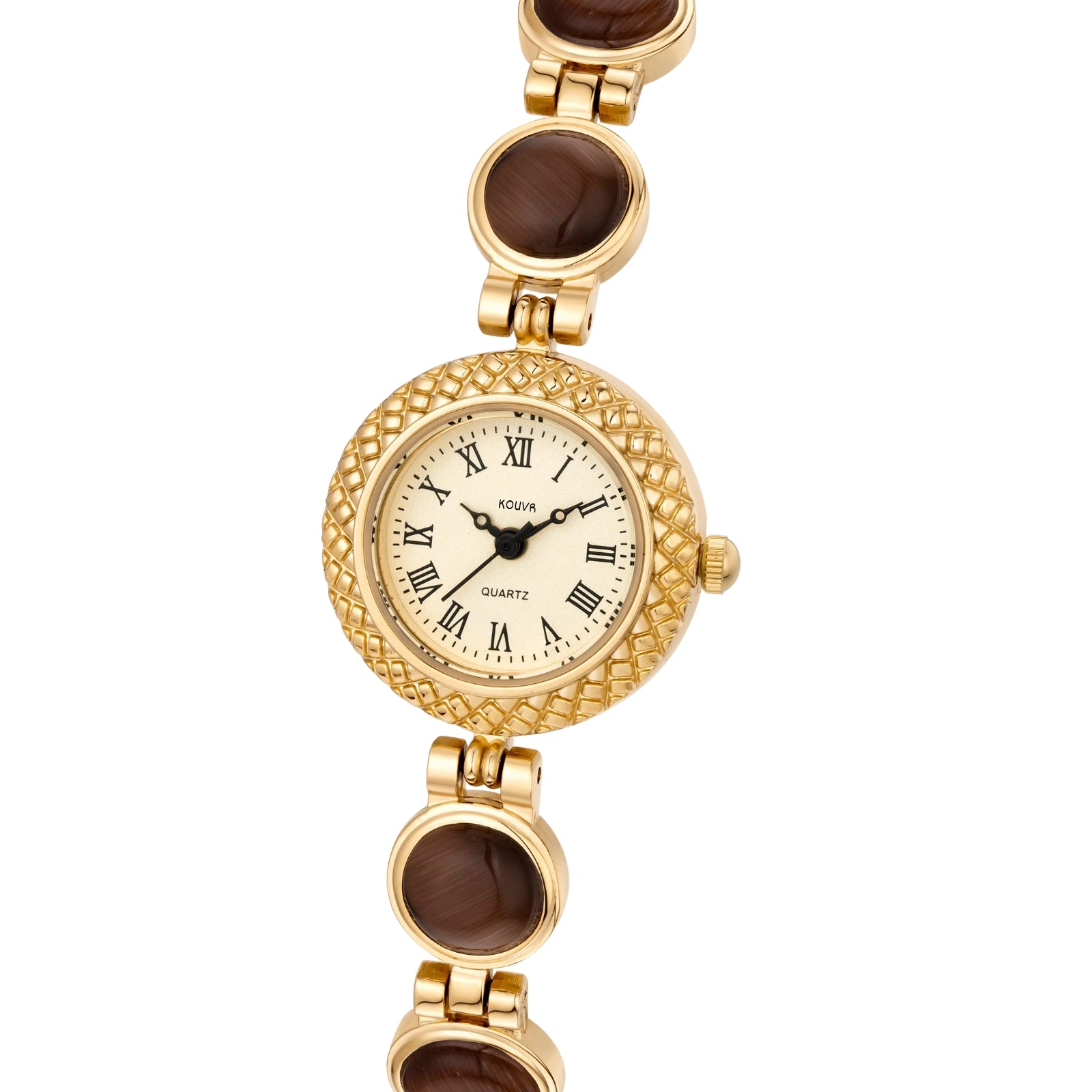 Gold kouvr wristwatch with brown accents on a white background