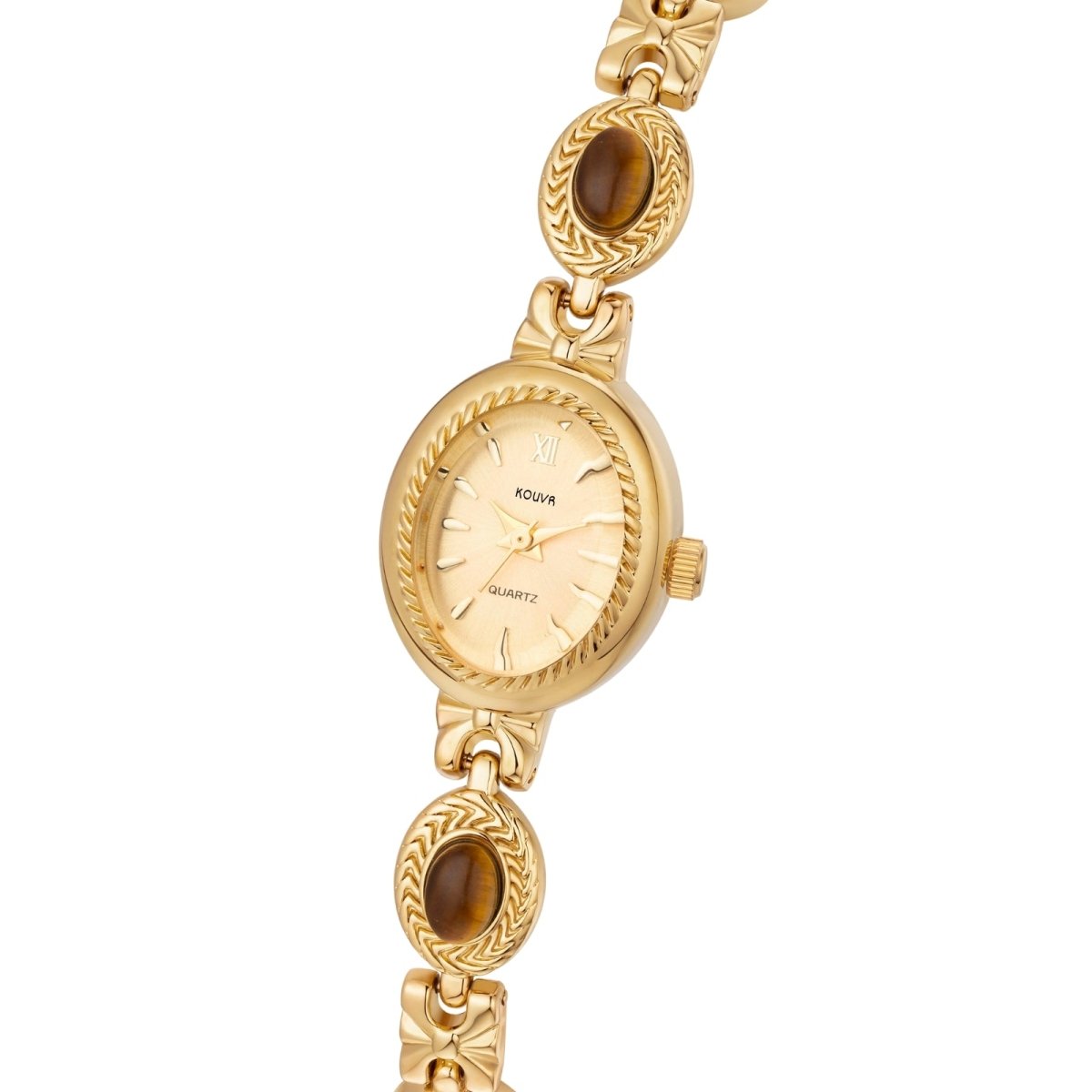 Kouvr women's vintage style gold watch with oval tiger's eye gemstones shown on a white background.