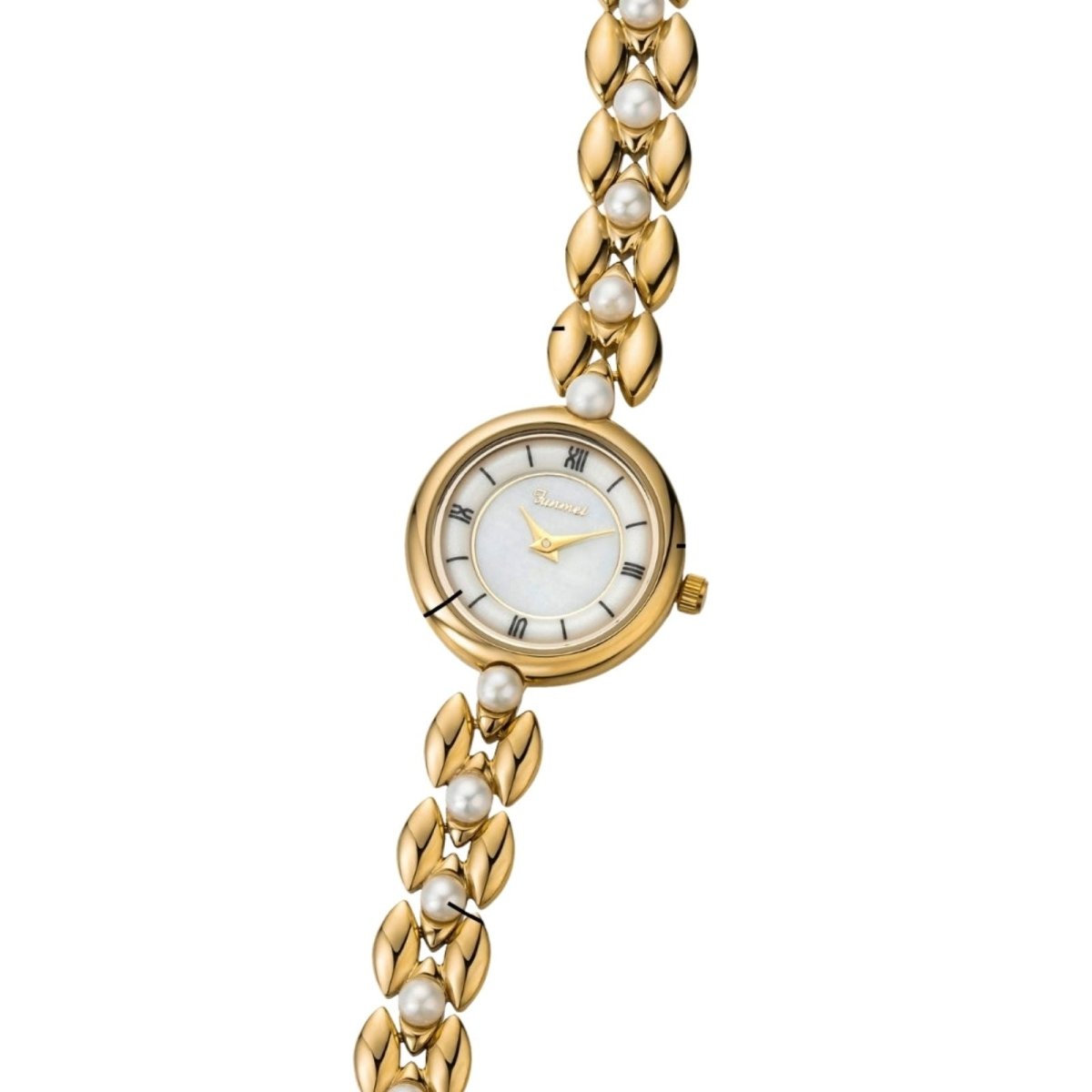 Full view of the elegant Kouvr Gold and Pearl Bracelet Watch on a white background.