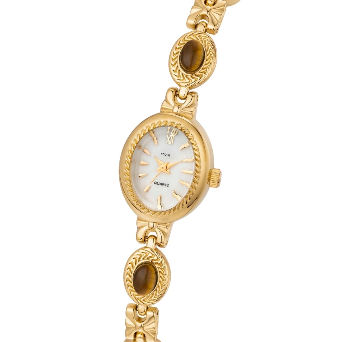 White Gold kouvr wristwatch with a decorative band on a white background