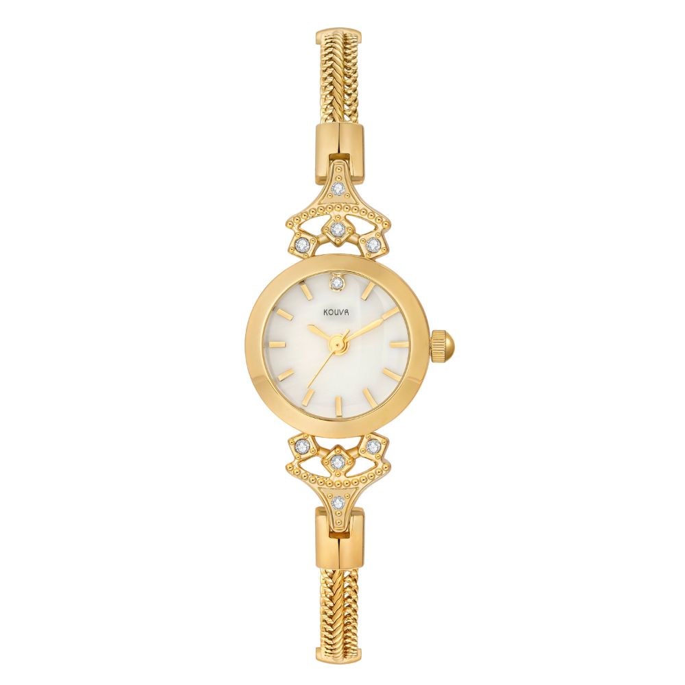 Gold kouvr watch with decorative design on a white background