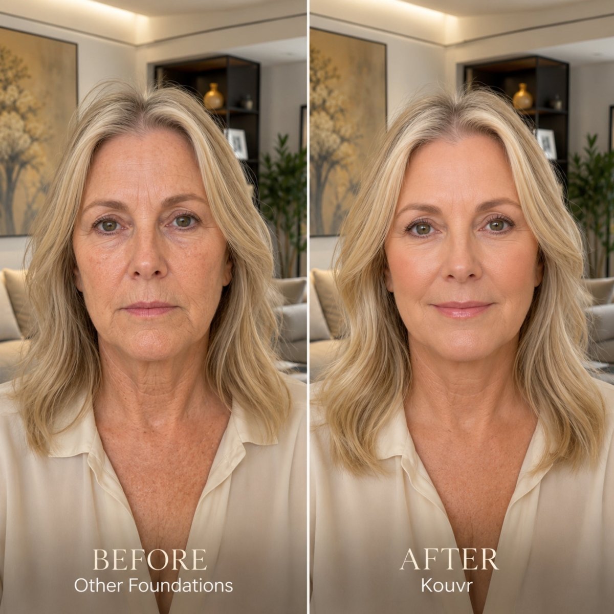 Comparison chart showing Kouvr color-mimicking formula benefits versus traditional heavy cakey makeup bases that settle into wrinkles.