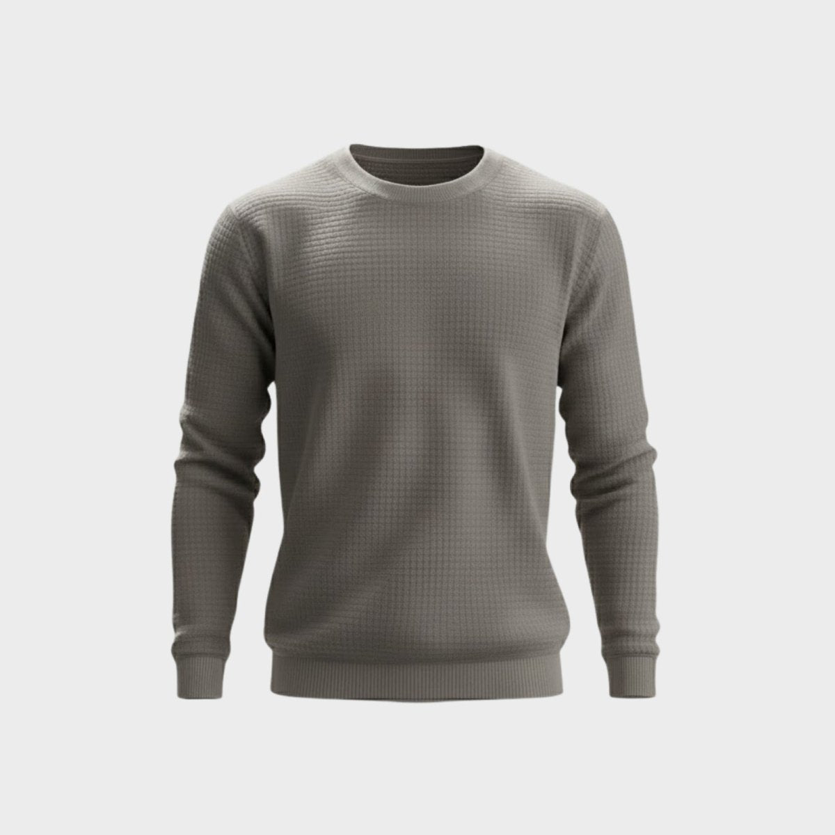 Front view of the Kouvr men's long sleeve crewneck sweater in grey, highlighting the detailed waffle knit texture.